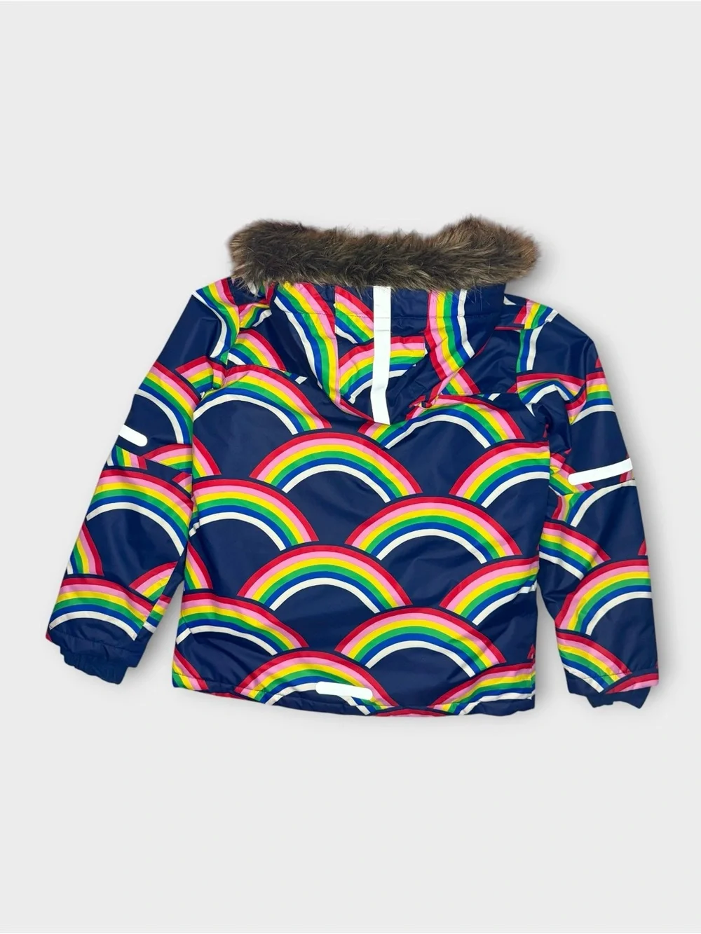 Mini Boden All Weather Waterproof Hooded Fur Rainbow Pattern Blue Powder Coat
